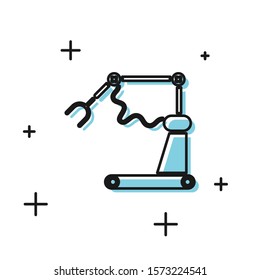 Black Industrial machine robotic robot arm hand factory icon isolated on white background. Industrial robot manipulator.  Vector Illustration