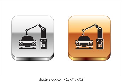 Black Industrial machine robotic robot arm hand on car factory icon isolated on white background. Industrial automation production automobile. Silver-gold square button. Vector Illustration