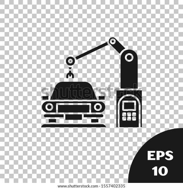 Black\
Industrial machine robotic robot arm hand on car factory icon\
isolated on transparent background. Industrial automation\
production automobile.  Vector\
Illustration