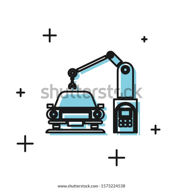 Black Industrial machine
robotic robot arm hand on car factory icon isolated on white
background. Industrial automation production automobile.  Vector
Illustration