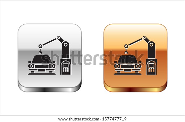 Black Industrial machine robotic robot arm\
hand on car factory icon isolated on white background. Industrial\
automation production automobile. Silver-gold square button. Vector\
Illustration