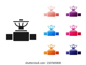 Icono de válvula y tubo metálico de la industria negra aislado sobre fondo blanco. Indique los iconos en colores. Ilustración vectorial