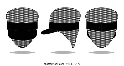 Black Industry Peak Cap With Hair Net Template On White Background.Front, Side And Back View.