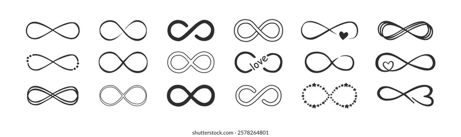 Black infinite symbol collection. Infinity symbol icons, unlimited icons. Endless, eternal, limitless.