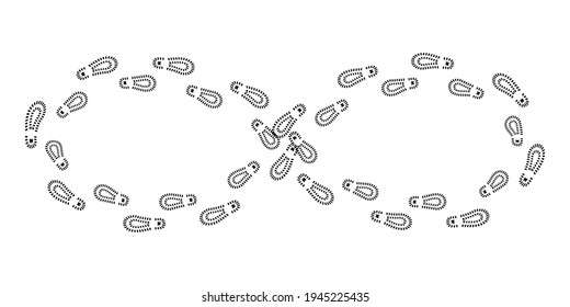 Black infinity of footprints on white background. Illustration for print design. Stock vector image. EPS 10.