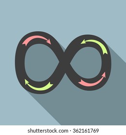 Black infinity sign with green and red arrows. Flat style icon with long shadow on gray background. EPS 8 vector illustration, no transparency