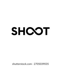 Símbolo de infinito preto integrado à palavra shoot como um design de logotipo moderno e minimalista