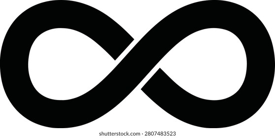 A black infinity symbol, also known as the lemniscate, representing endlessness, eternity, and limitless possibilities. Simple graphic design element.