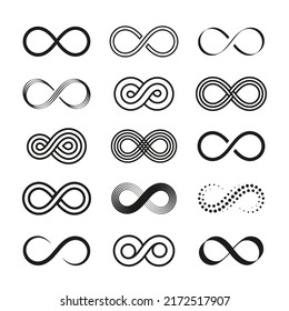 Black infinity symbols. Line infinite symbol, eternity swirl sign. Isolated mobius loop icons, line endless elements for design. Geometric unlimited logo tidy vector set