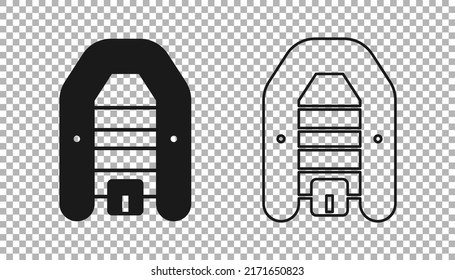 Black Inflatable boat with outboard motor icon isolated on transparent background.  Vector