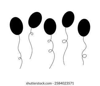 Black inflatable flying air balloons. Set of helium isolated silhouettes, hand drawn, vector. Festive element for decoration, birthday, wedding, party, card. Icon illustration, flat design