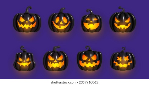 Calabaza negra inflada con una sonrisa espeluznante y ojos brillantes. Calabaza inflable calabazas inflables 3d negras con una sonrisa de alegría cortante y buena. Ilustración del vector