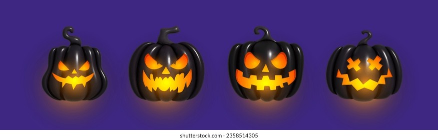 Black inflated pumpkin with a creepy smile and glowing eyes. Pumpkin inflatable 3d black inflatable pumpkins with cut scary good joy smile. Vector illustration