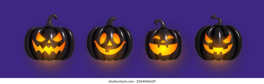 Black inflated pumpkin with a creepy smile and glowing eyes. Pumpkin inflatable 3d black inflatable pumpkins with cut scary good joy smile. Vector illustration