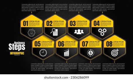 plantillas negras de gráficos de infografía, fondo para presentaciones, publicidad, diseños, informes anuales, opciones de línea de tiempo 8, pasos.