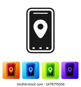 Black Infographic of city map navigation icon isolated on white background. Mobile App Interface concept design. Geolacation concept. Set icons in color square buttons. Vector Illustration