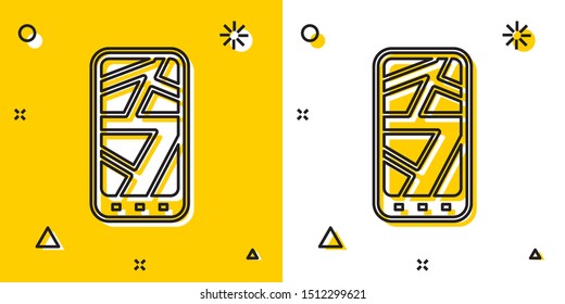 Black Infographic of city map navigation icon isolated on yellow and white background. Mobile App Interface concept design. Geolacation concept. Random dynamic shapes. Vector Illustration