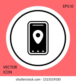 Black Infographic of city map navigation icon isolated on red background. Mobile App Interface concept design. Geolacation concept. White circle button. Vector Illustration