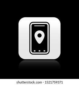 Black Infographic of city map navigation icon isolated on black background. Mobile App Interface concept design. Geolacation concept. Silver square button. Vector Illustration