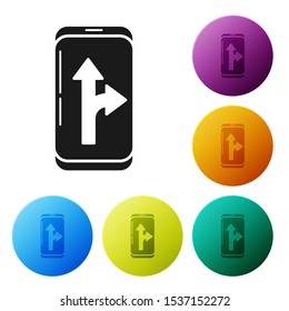Black Infographic of city map navigation icon isolated on white background. Mobile App Interface concept design. Geolacation concept. Set icons colorful circle buttons. Vector Illustration