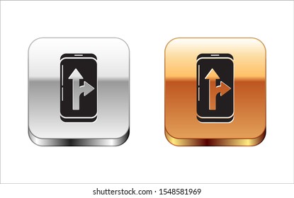 Black Infographic of city map navigation icon isolated on white background. Mobile App Interface concept design. Geolacation concept. Silver-gold square button. Vector Illustration