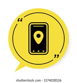Black Infographic of city map navigation icon isolated on white background. Mobile App Interface concept design. Geolacation concept. Yellow speech bubble symbol. Vector Illustration