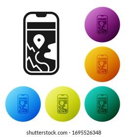 Schwarze Infografik der Stadtplan-Navigation Symbol einzeln auf weißem Hintergrund. Design des mobilen App Interface-Konzepts. Geolacationskonzept. Symbole in den Farbkreisknöpfen einstellen. Vektorillustration-Illustration