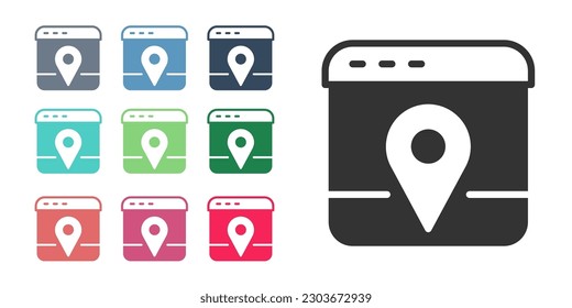 Infografía negra del icono de navegación del mapa de la ciudad aislado en fondo blanco. Diseño de concepto de interfaz de aplicación móvil. Concepto de geolacación. Indique los iconos en colores. Vector
