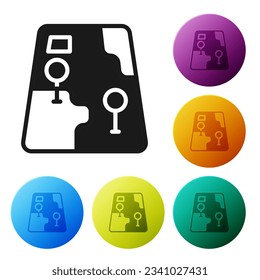 Black Infographic of city map navigation icon isolated on white background. Mobile App Interface concept design. Geolacation concept. Set icons in color circle buttons. Vector
