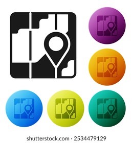 Infografía negra del icono de navegación del mapa de la ciudad aislado sobre fondo blanco. Diseño de concepto de interfaz de App móvil. Concepto de geolocalización. Establezca los íconos en Botones de círculo de color. Vector