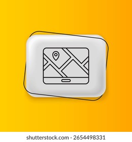 Black Infographic of city map navigation icon isolated on yellow background. Mobile App Interface concept design. Geolacation concept. Silver rectangle button. Vector