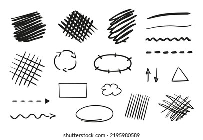 Black infographic elements on isolated white background. Hand drawn outlined shapes. Abstract hatchings. Simple signs and symbols. Sketchy elements. Freehand scrawls. Black and white illustration