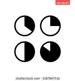 Black infographic percentage piecharts segment of circle icons 25%  35% 50% 85%, simple flat design loading data interface elements icon app button ui ux web, vector isolated on white background