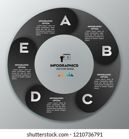 black Infographics template 5 options with circle. Data and information visualization. Dynamic infographics stylish geometric on the grey background.Eps 10 vector file.