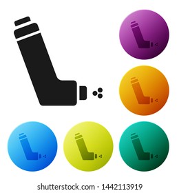 Black Inhaler icon isolated on white background. Breather for cough relief, inhalation, allergic patient. Medical allergy asthma inhaler spray. Set icons colorful circle buttons. Vector Illustration
