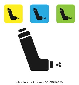 Black Inhaler icon isolated on white background. Breather for cough relief, inhalation, allergic patient. Medical allergy asthma inhaler spray. Set icons colorful square buttons. Vector Illustration