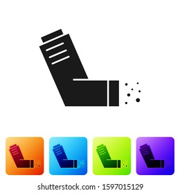 Black Inhaler icon isolated on white background. Breather for cough relief, inhalation, allergic patient. Medical allergy asthma inhaler spray. Set icons in color square buttons. Vector Illustration