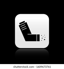 Black Inhaler icon isolated on black background. Breather for cough relief, inhalation, allergic patient. Medical allergy asthma inhaler spray. Silver square button. Vector Illustration