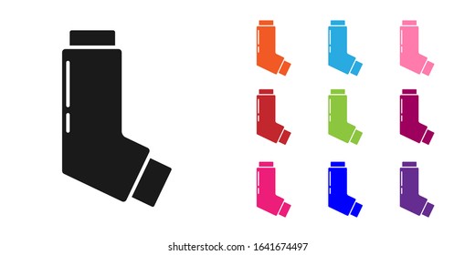 Black Inhaler icon isolated on white background. Breather for cough relief, inhalation, allergic patient. Medical allergy asthma inhaler spray. Set icons colorful. Vector Illustration