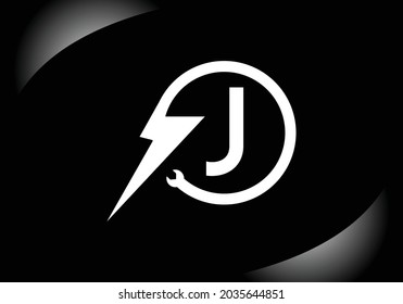 Alfabeto de letra monocasco J inicial negro con perno de iluminación eléctrica. emblema de letra. Diseño de logotipo vectorial moderno para etiquetas tecnológicas, negocios eléctricos e identidad de la empresa