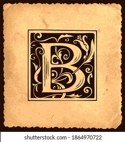 Black initial letter B with Baroque decorations on an old paper background in vintage style. Beautiful filigree capital letter B to use for monogram, logo, emblem, greeting card, invitation