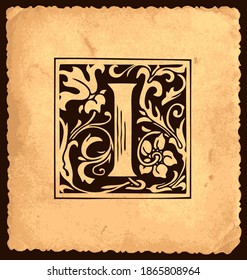 Letra negra inicial I con decoraciones barrocas sobre un fondo de papel antiguo de estilo vintage. Hermosa letra mayúscula H para uso en monograma, tarjeta de saludo, invitación, emblema, logotipo