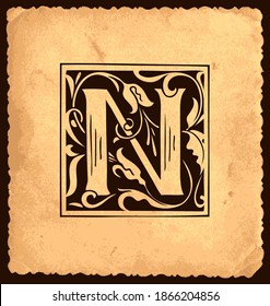 Schwarzer Anfangsbuchstabe N mit barocken Dekorationen auf altem Papierhintergrund im Vintage-Stil. Schöner, filigraner Großbuchstabe N geeignet für Grußkarte, Einladung, Monogramm, Emblem, Logo