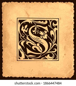 Letra negra inicial S con decoraciones barrocas de estilo vintage sobre un fondo de papel antiguo. Hermosa letra mayúscula S apta para monograma, tarjeta de saludo, invitación, logotipo, emblema