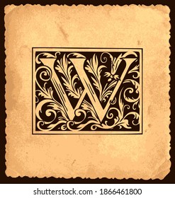 Black initial letter W with Baroque decorations in vintage style on an old paper background. Beautiful ornate capital letter W suitable for greeting card, invitation, monogram, logo, emblem