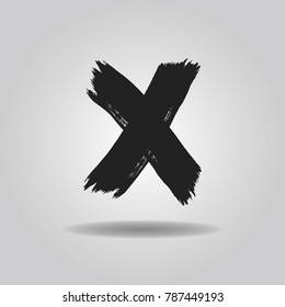 Black ink abstract brushed cross X mark icon with dropped shadow on gray gradient background