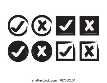 Black ink abstract circle and square brushed check mark and crossed X mark boxes icons set on white background