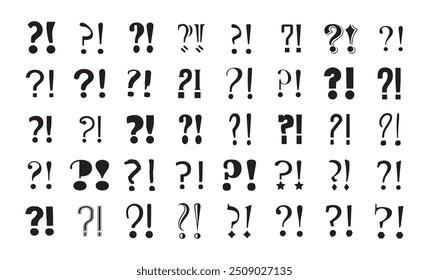 Black ink abstract and isolated assorted different type face question marks and exclamation marks icons set design element on white background poster