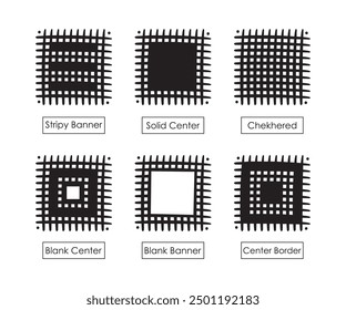 Black ink abstract and isolated creative cartoon stripy style blank square banners icons design elements set on white background