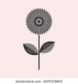 Black ink abstract isolated single vertical detail flower with two leaves icon on soft pink background poster